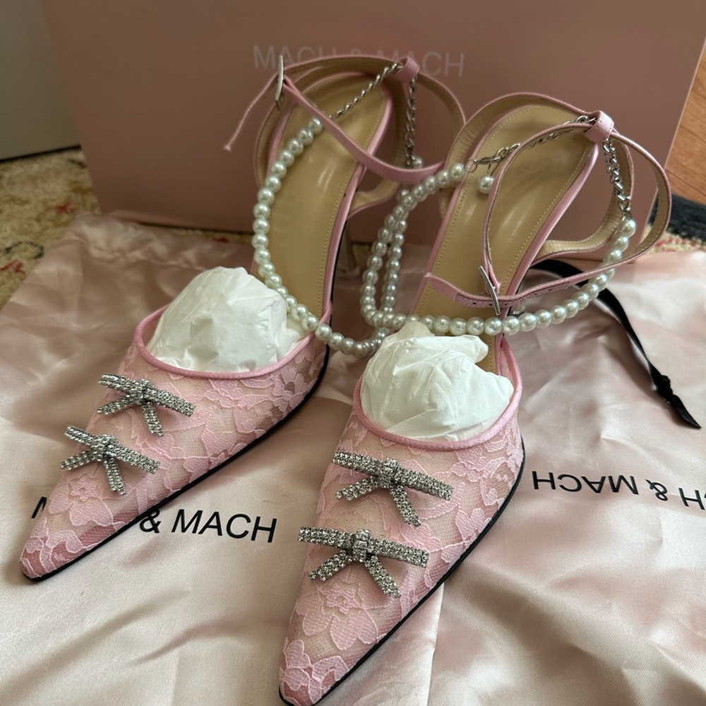Mach and Mach mini double bow lace heels